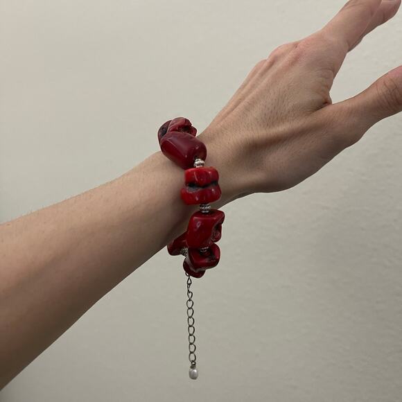 Vintage Y2K Chunky Natural Red Coral Bracelet Silver Tone Chain Pearl Adjustable - Picture 8 of 16